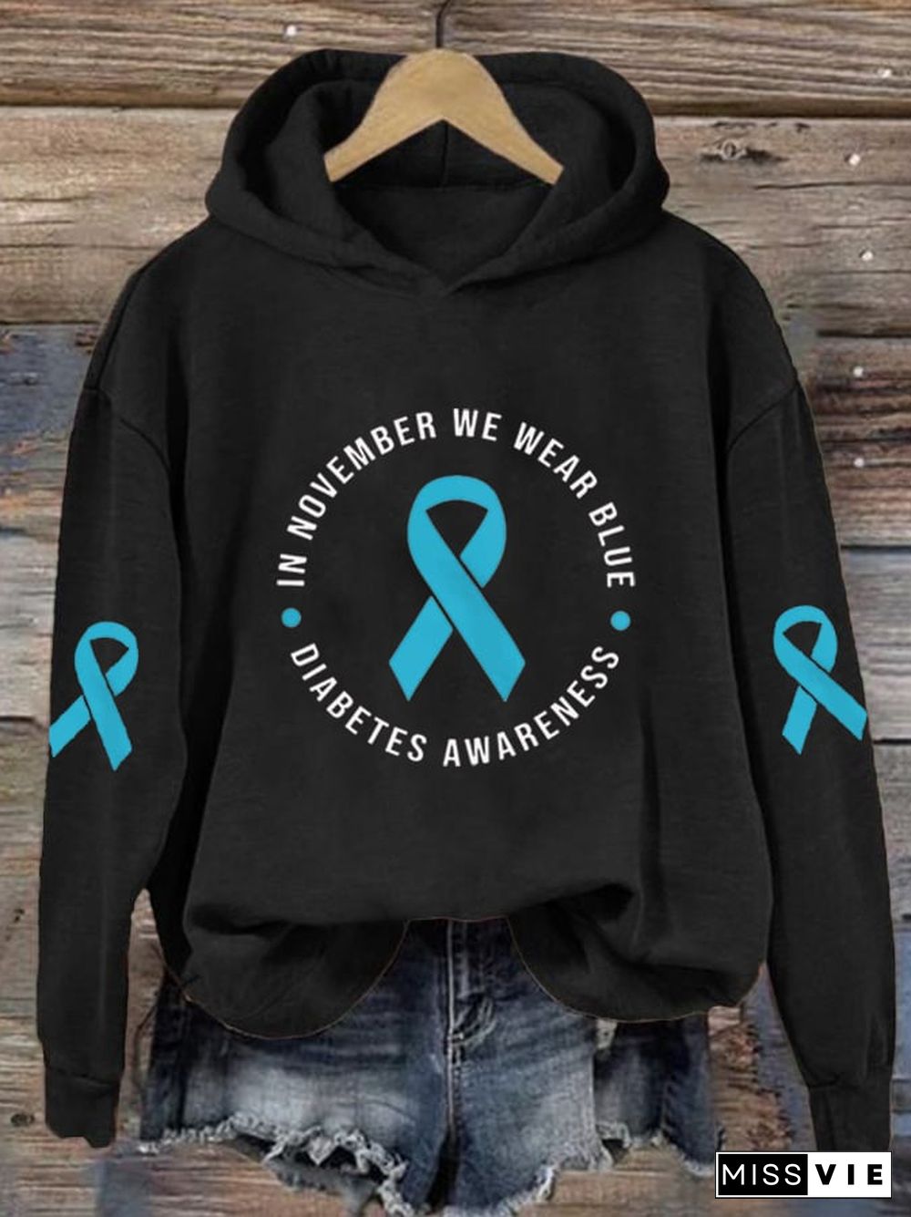 Women's In November We Wear Blue Printed Casual Hoodie