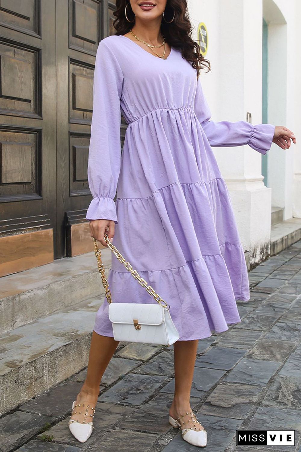 Plain V Neck High Waist Tiered Midi Dress