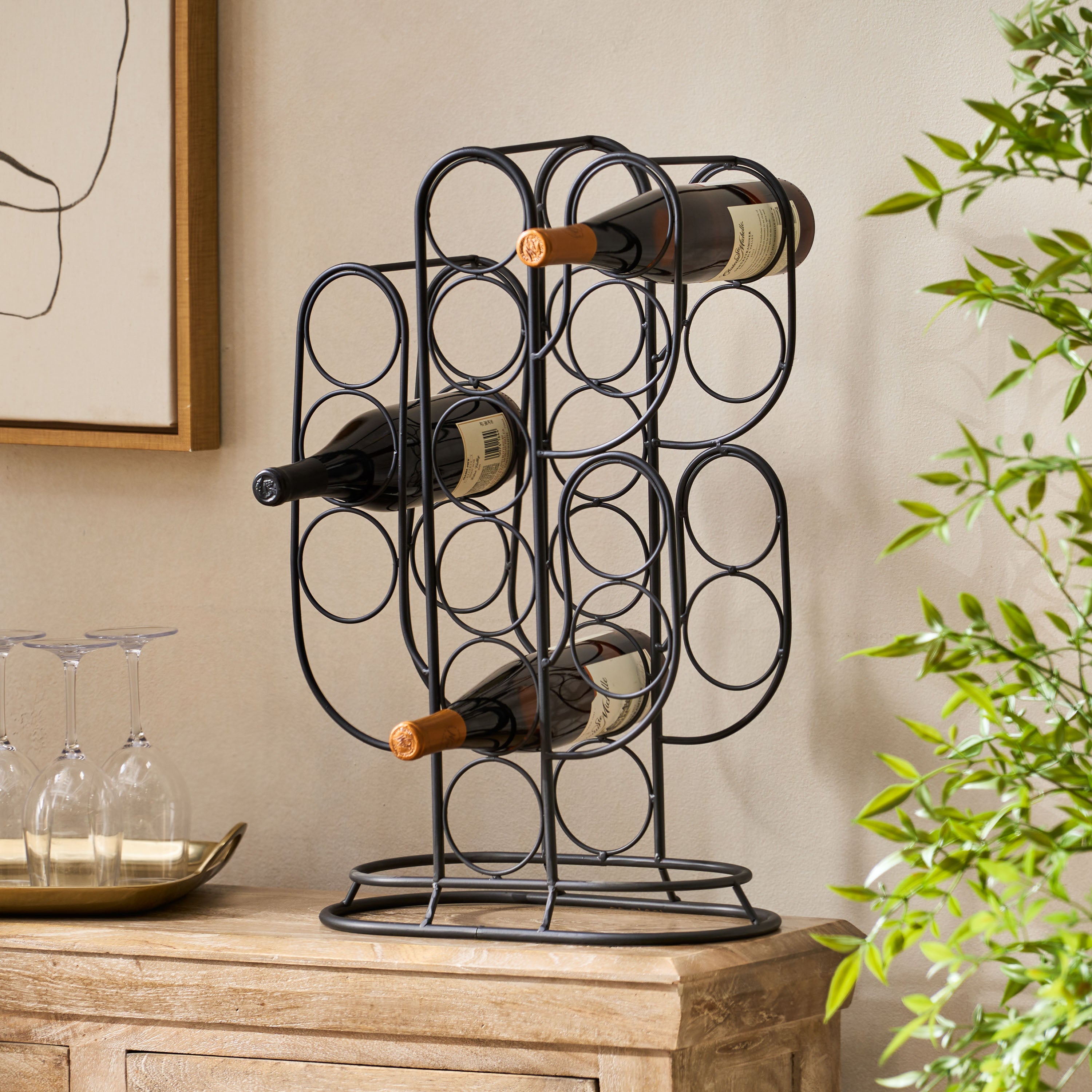 Fritsche Modern Industrial 13 Bottle Tabletop Cactus Wine Rack, Black