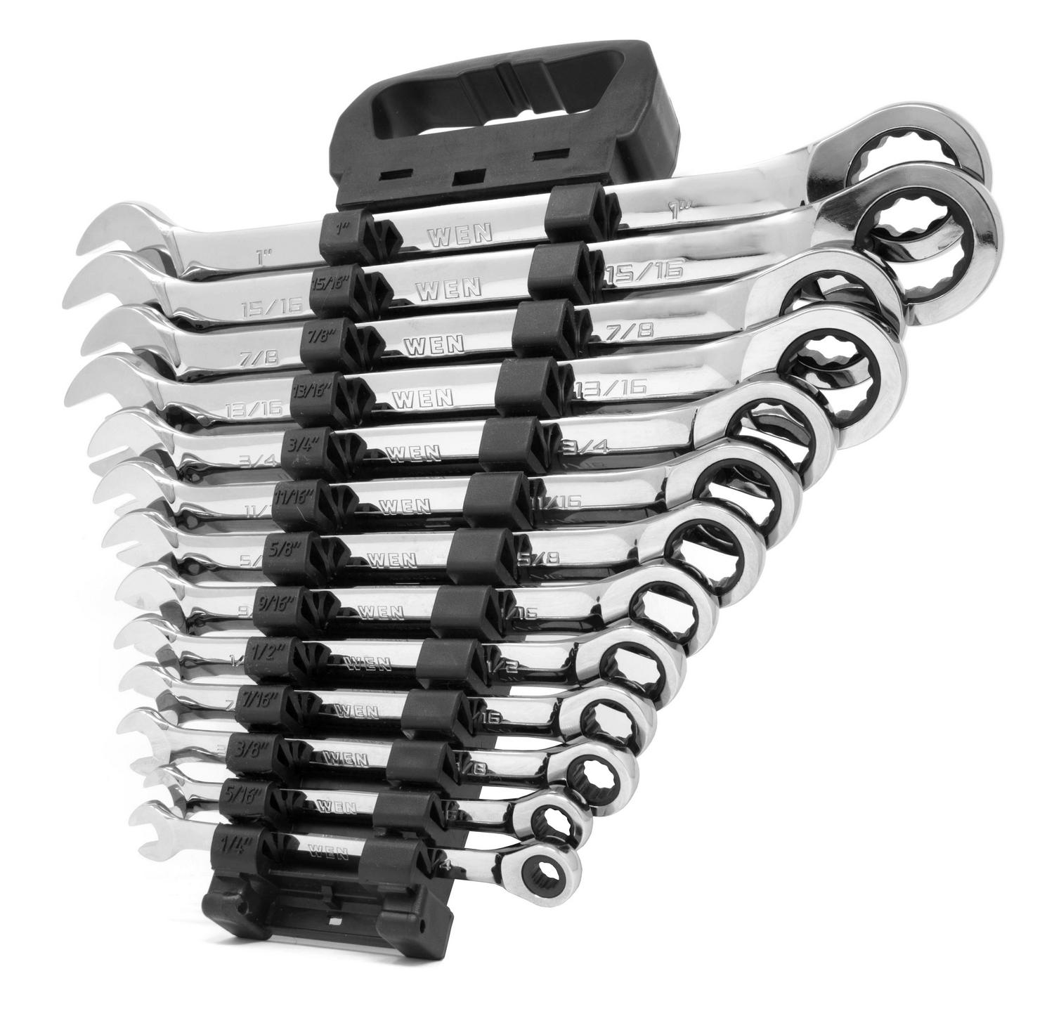 WEN 13-Piece Professional-Grade Ratcheting SAE Combination Wrench Set with Storage Rack