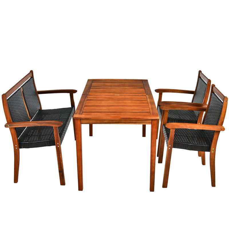 4 Pcs Rattan & Acacia Wood Outdoor Patio Dining Table Set with Loveseat & 2 Armchairs, Umbrella Hole