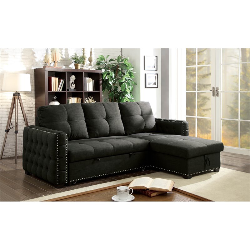 Furniture of America Balfoy Fabric Tufted Sleeper Sectional in Dark Gray