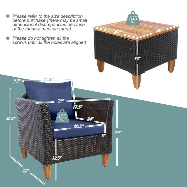 3 Pieces Patio Rattan Bistro Furniture Set with Wooden Table Top