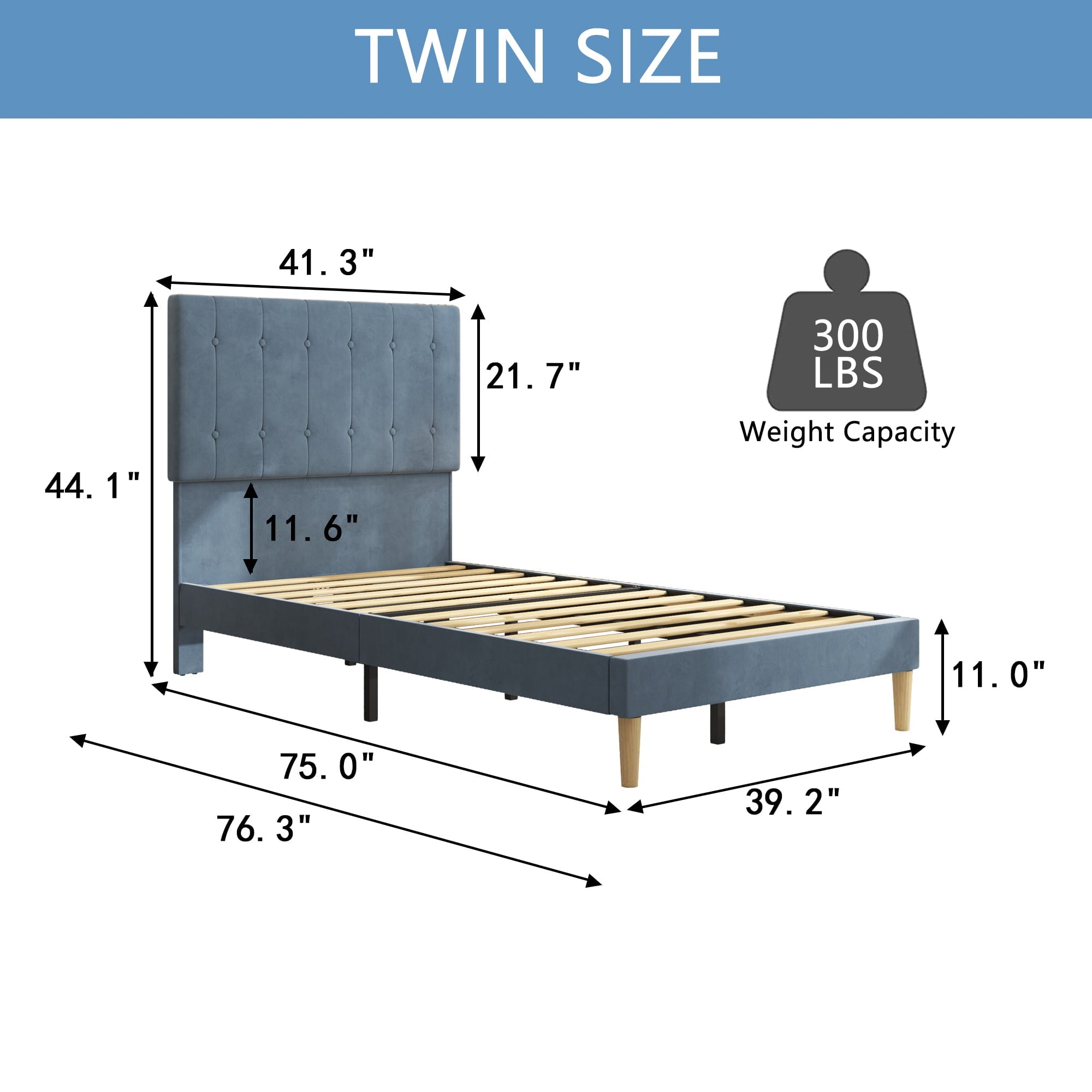 uhomepro Modern Upholstered Platform Twin Bed Frame with Headboard, Heavy Duty Blue Twin Bed Frame with Wood Slat Support, Mattress Foundation for Adults Kids, No Box Spring Needed