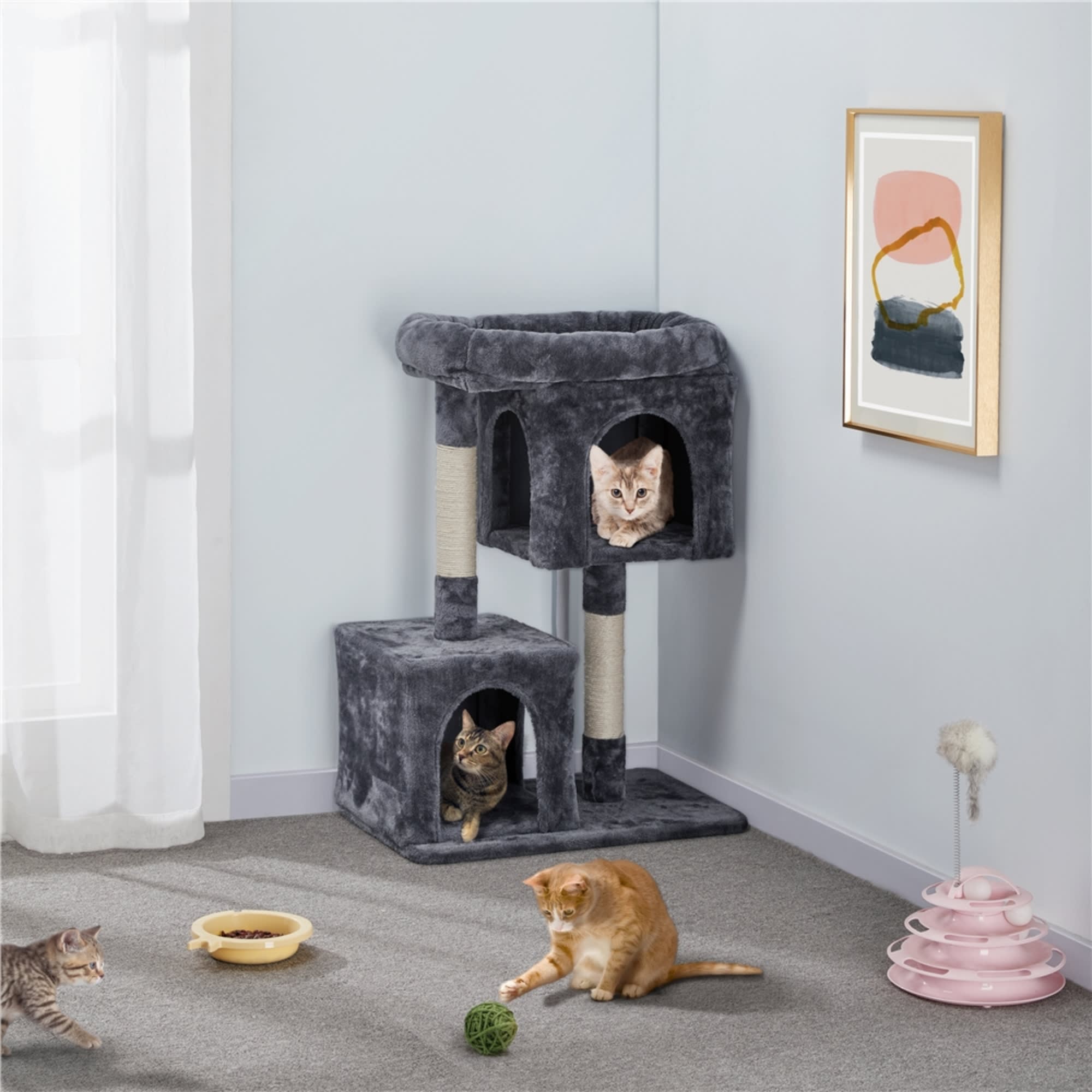 Topeakmart Dark Gray Plush Cat Tree with Two Condos， 33.5