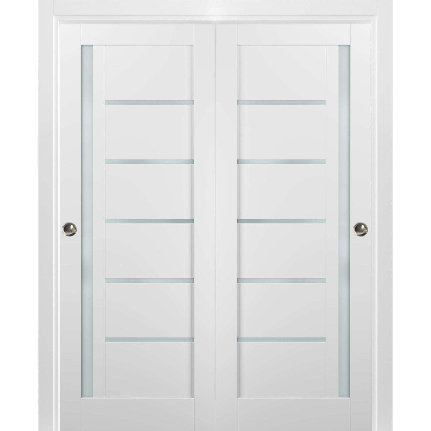 Sliding Closet Bypass Doors 84 x 96 with hardware | Quadro 4088 White Silk with Frosted Opaque Glass | Sturdy Top Mount Rails Moldings Trims Set | Kitchen Lite Wooden Solid Bedroom Wardrobe Doors