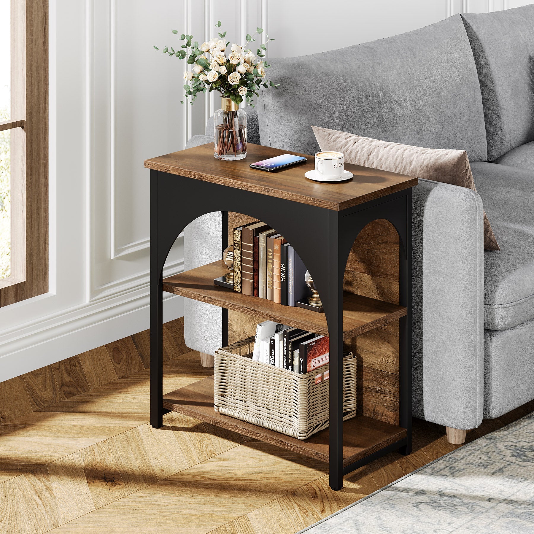 3-Tier End Table, Wood Side Table Nightstand with Geometric Frame