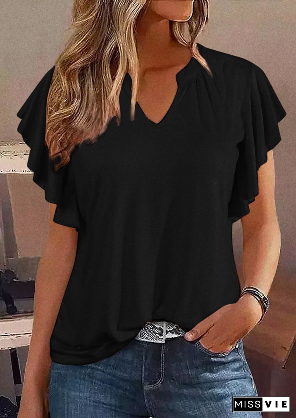 Solid Ruffle Armhole Notched Neck T-Shirt