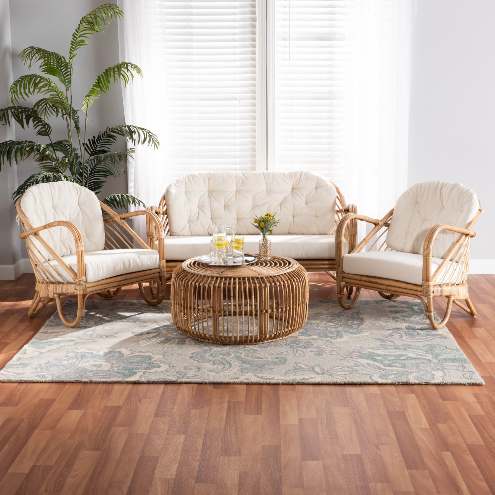 Aliane Modern Bohemian Natural Brown Antique Rattan 4 Piece Living Room Set   Tropical   Living Room Furniture Sets   by Homesquare  Houzz