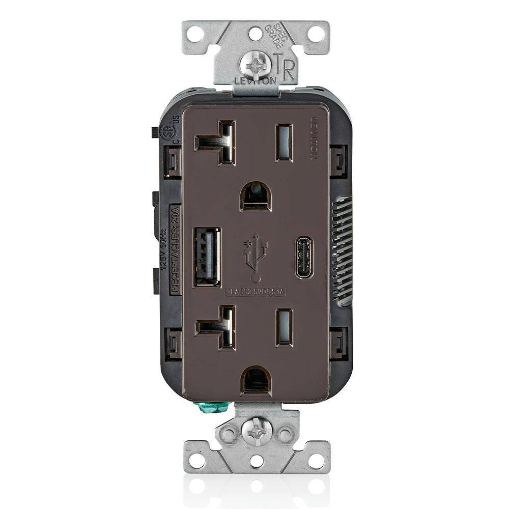 Leviton 20 Amp Type A and Type-C USB ChargerTamper Resistant Receptacle Brown T5833-B