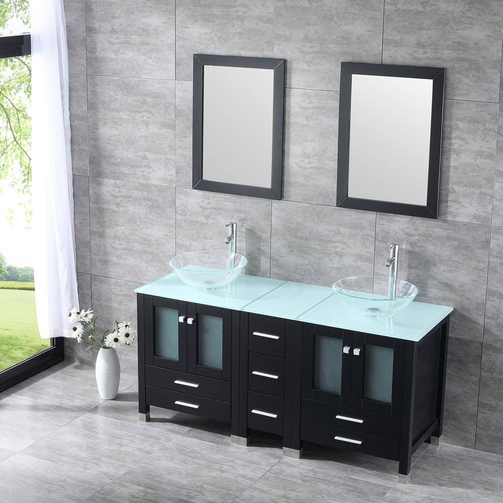 walsport 60 in. W x 21.5 in. D x 61 in. H Double Sinks Bath Vanity in Black with Glass Top and Mirror 2*USBR4181+USBR4182+2*USBR4075