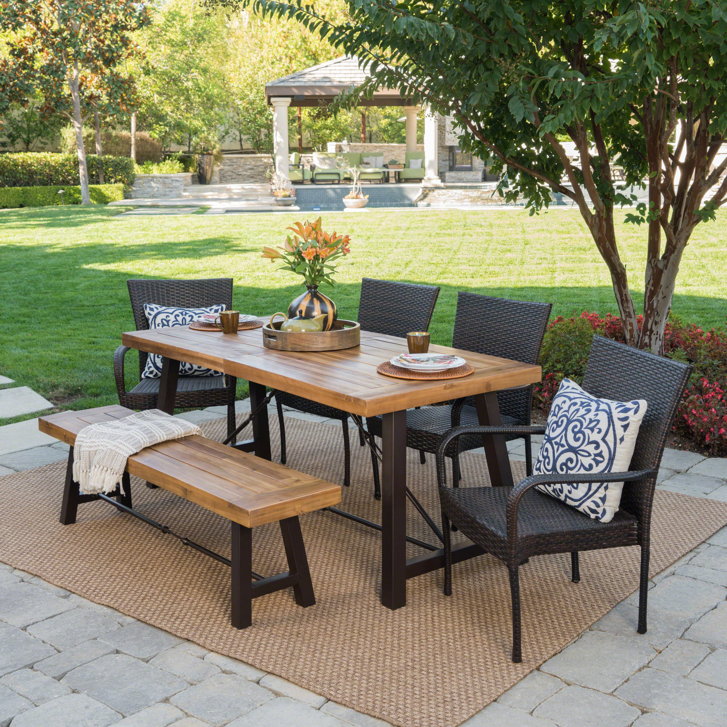 Soltice Outdoor 6 Piece Teak Finished Acacia Wood Dining Set with Multi-brown Chairs