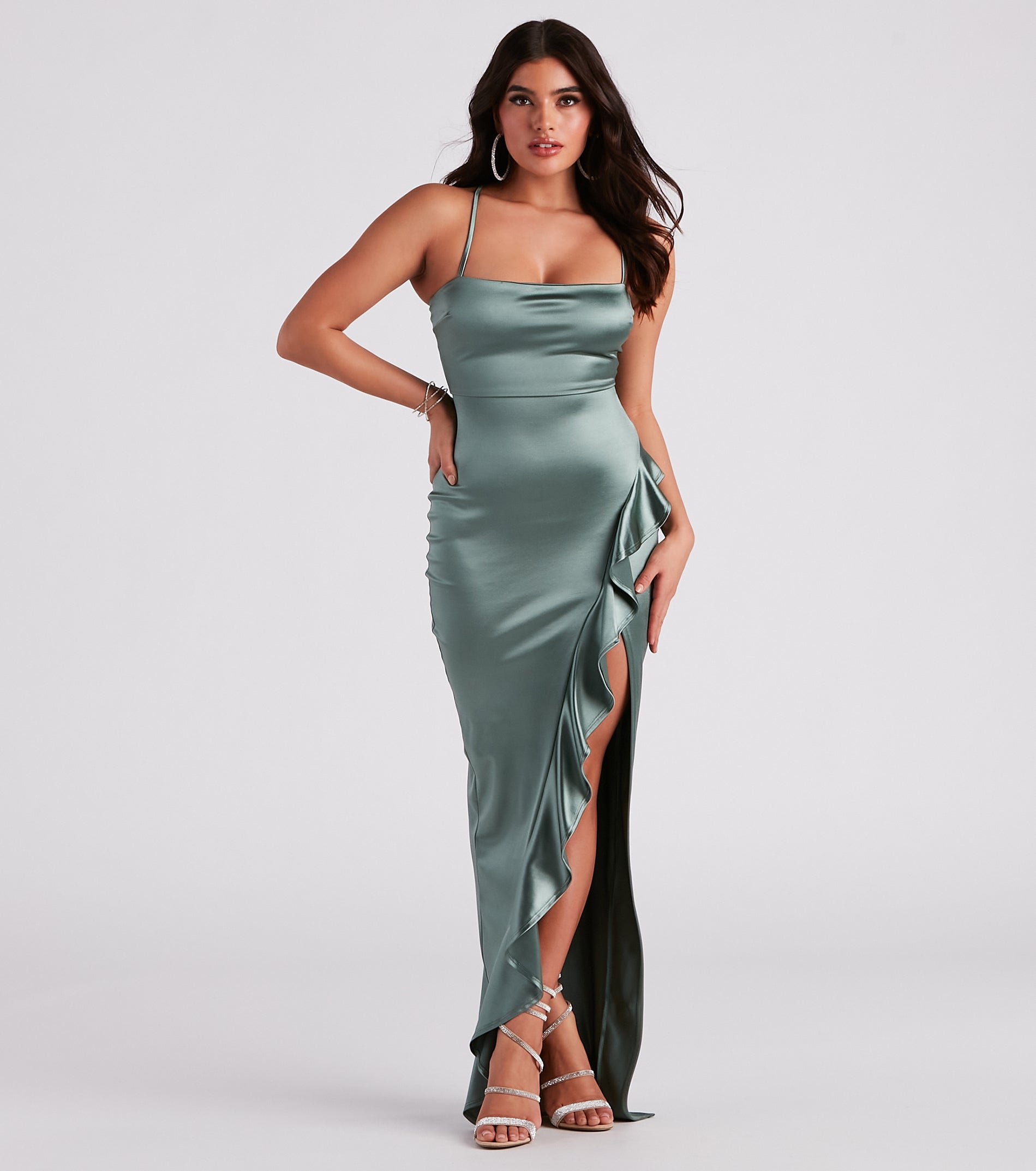 Lauren Ruffled Slit Satin Formal Dress