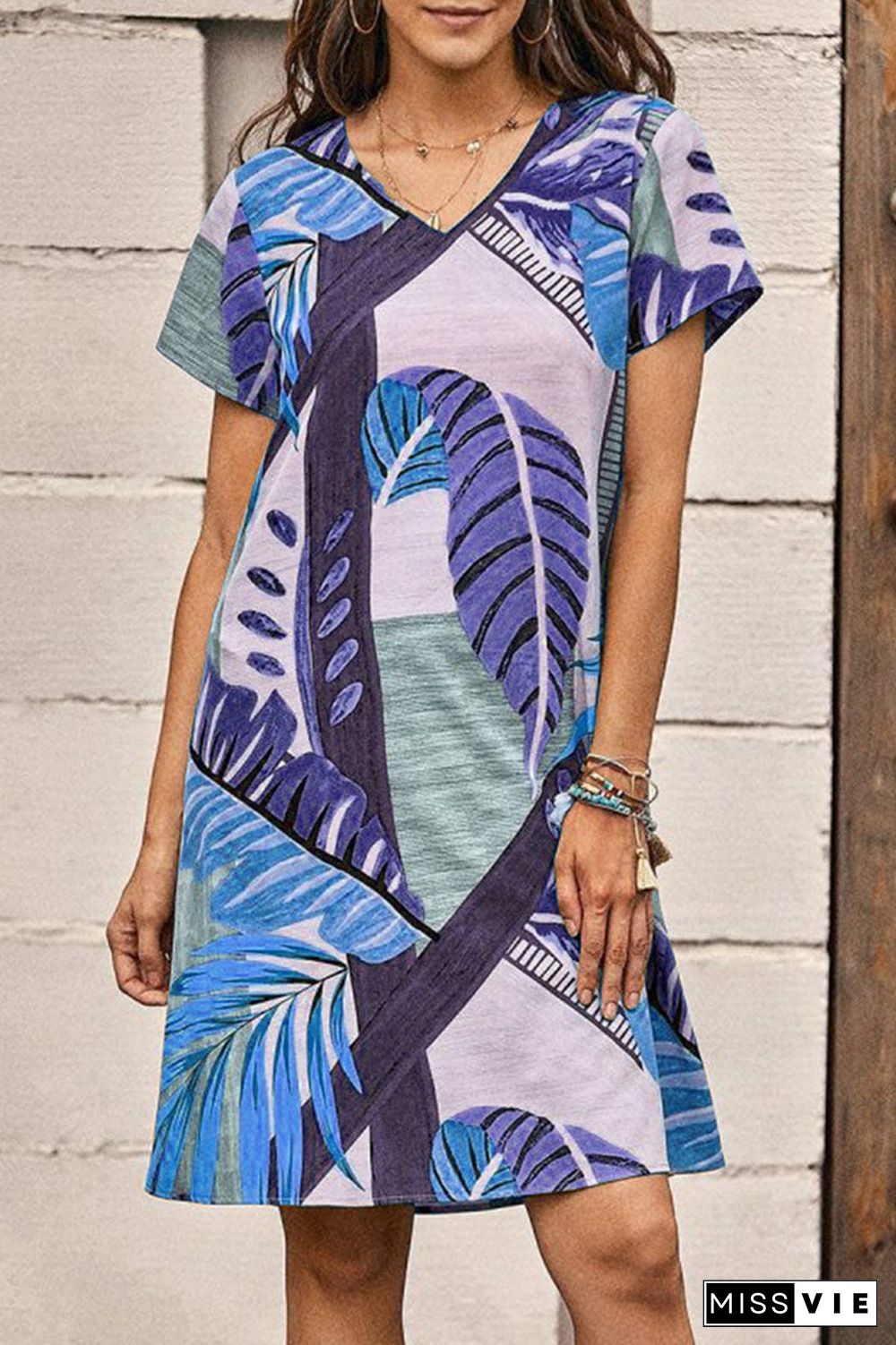 Fashion Casual Print Split Joint V Neck A Line Dresses