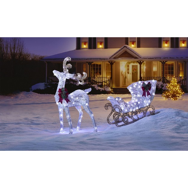 Noma Pre Lit Pure White Led Light Up 2 Piece Reindeer And Sleigh Indoor And Outdoor Holiday Lawn Decoration Set