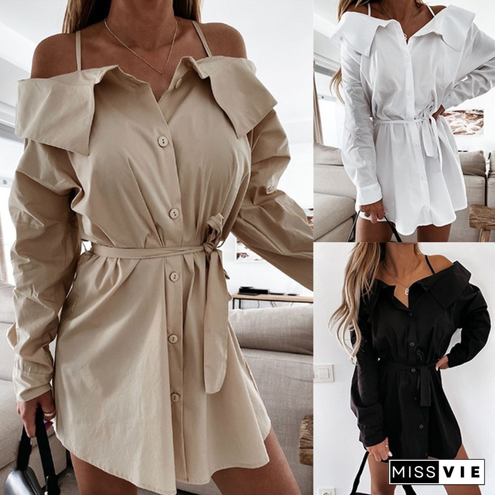 Turn-down Collar Long Sleeves Spaghetti Strap Off Shoulder Dress Casual Shirt Dress OL Office Dress Vestidos