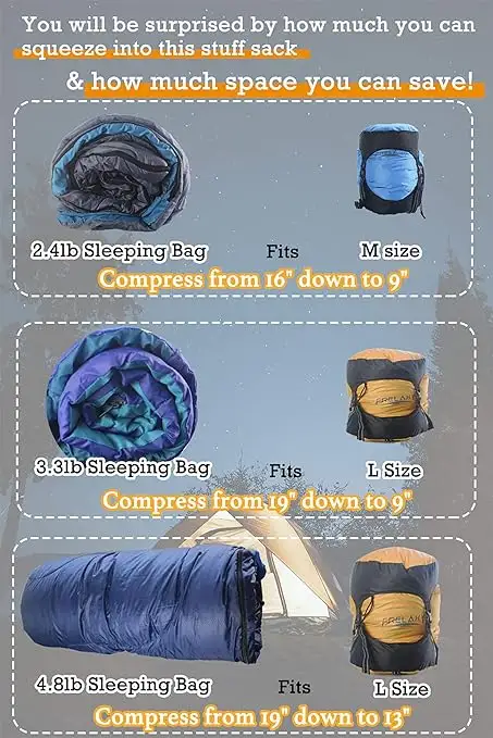 Compression Stuff Sack  Water Resistant   Ultralight Sleeping Bag Stuff Sack   Space Saving Gear for Camping  Hiking