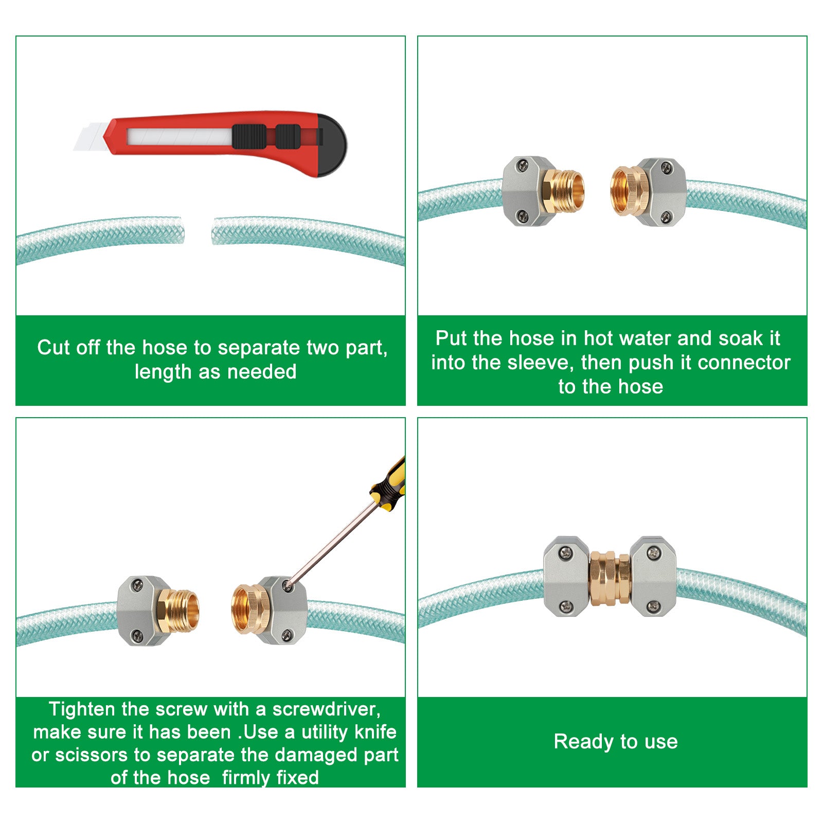 TSV 3 Sets Garden Hose Repair Connector Fittings， Aluminum Mender Male and Female Hose End Connectors with Zinc Clamp， Fit for 3/4