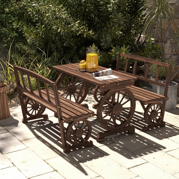 Outsunny Outdoor Table And Chairs For 4 People Wooden Furniture Set W Wagon Wheel Design For Backyard Garden Deck Carbonized