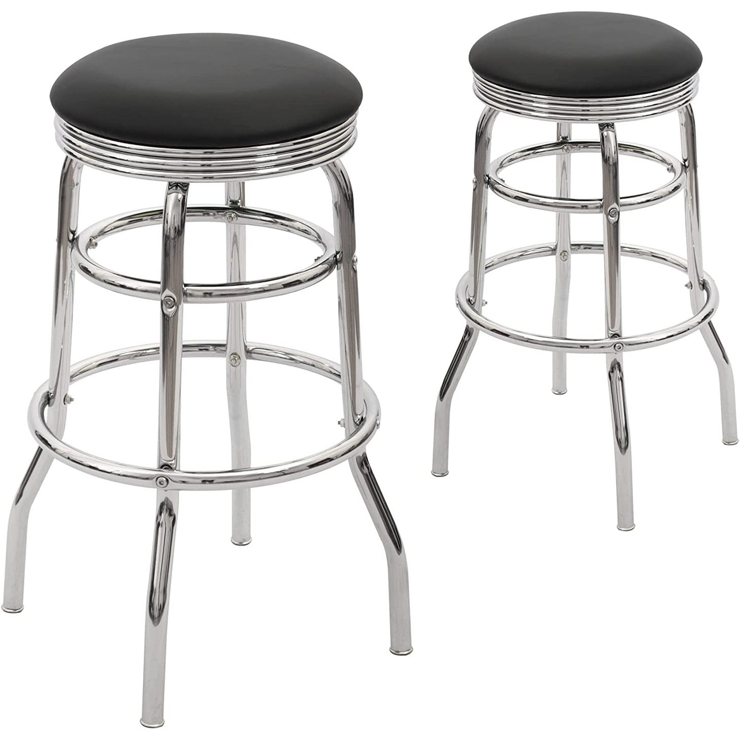 Faux Leather Backless Bar Stool with Chrome Frame， Set of 2，Black