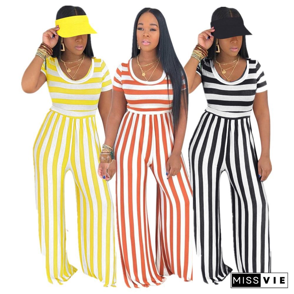 New Crew Neck Short Sleeve Striped Wide Leg Jumpsuit