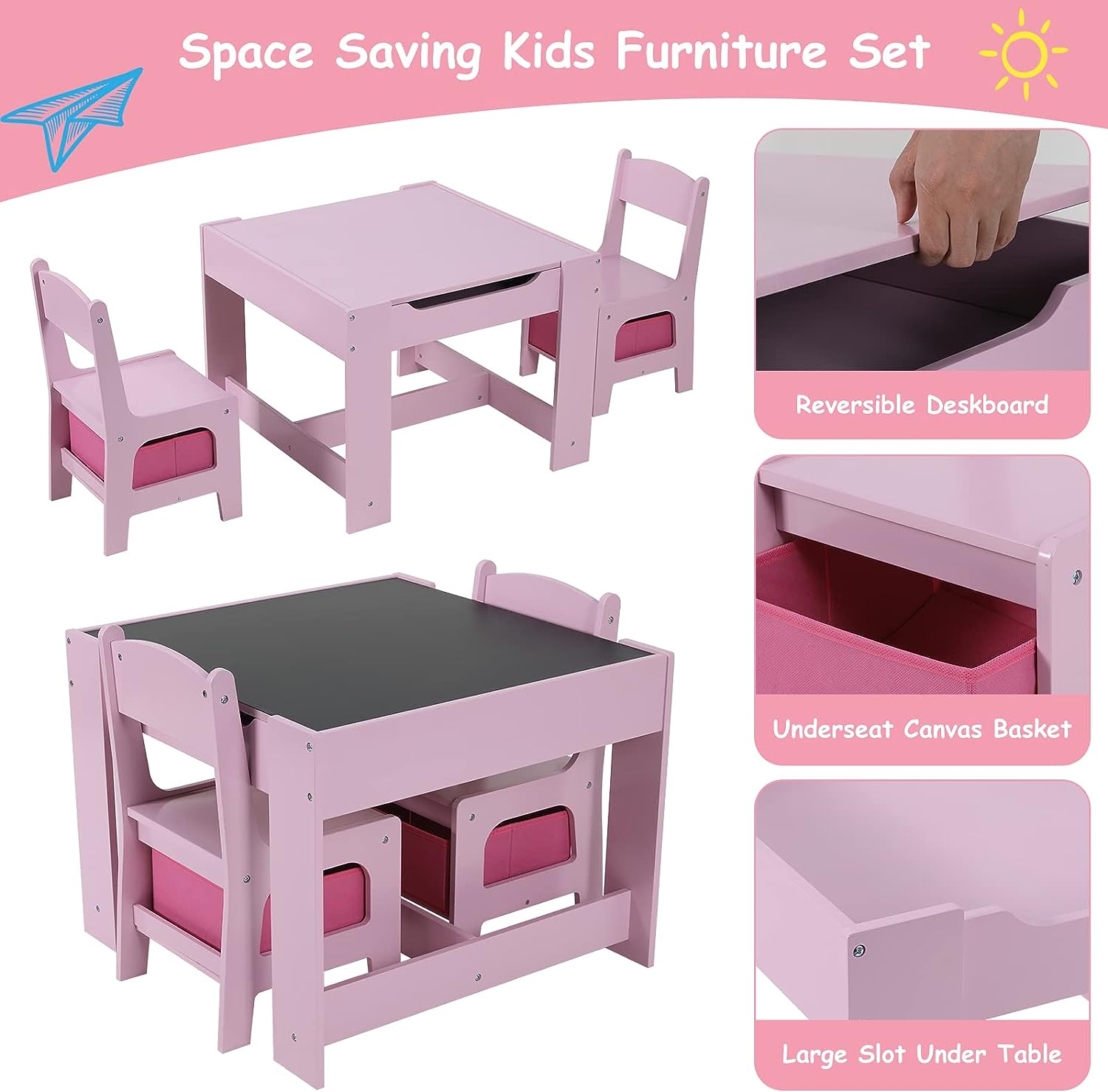 Kids Table and Chairs Set with Storage Drawers, Drawing Black Board Desk