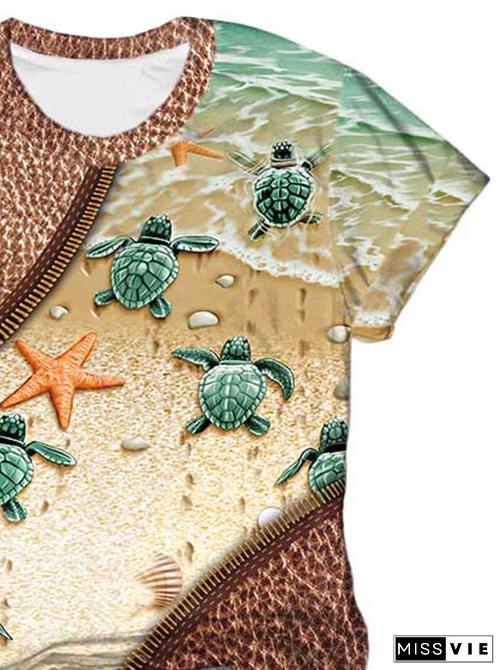 Vintage Sea Turtle Zipper Print T-Shirt