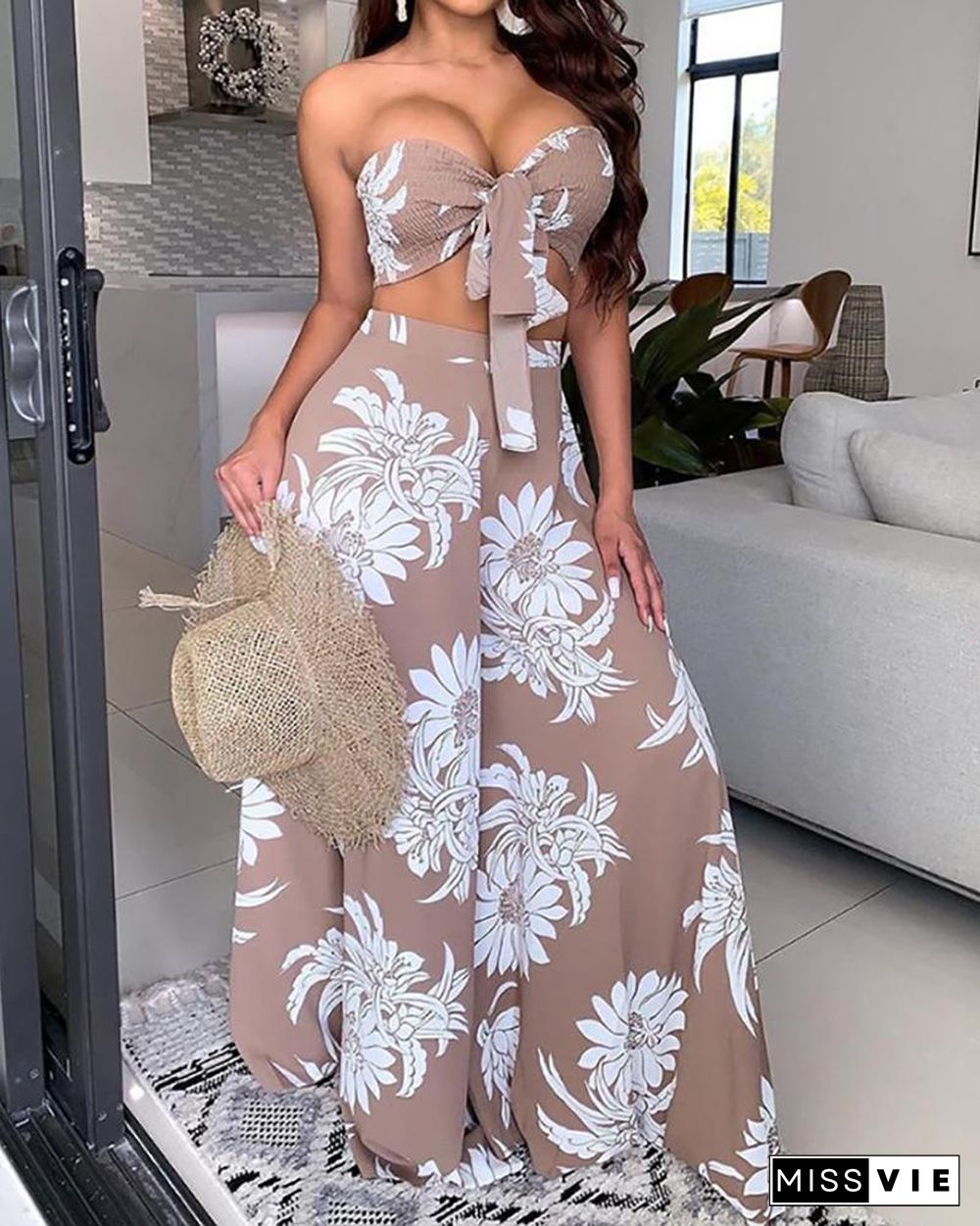 Shirred Knotted Cutout Front Bandeau Wide Leg Jumpsuit