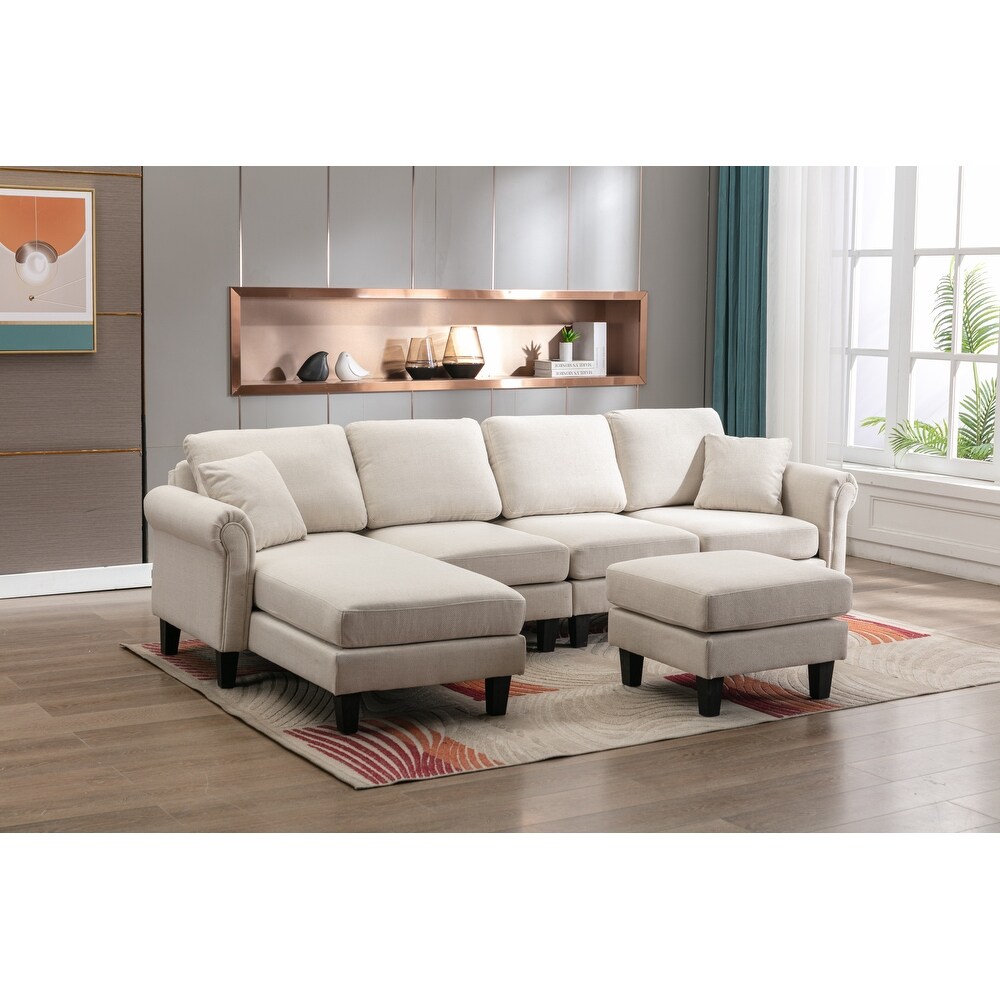 Velvet Upholstered L Shaped Sectional Sofa With Ottoman