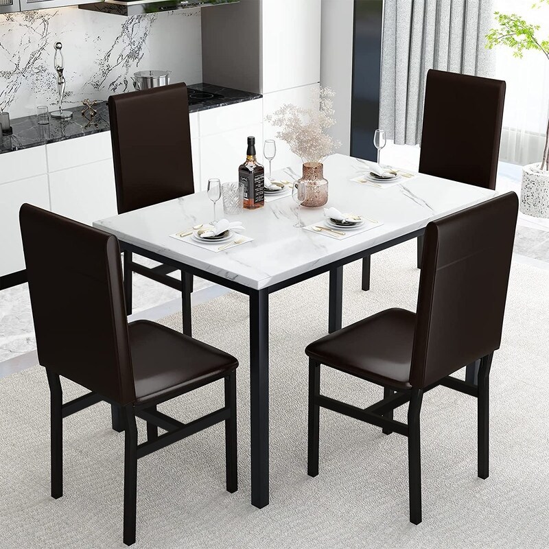 Mieres 5 Pieces Faux Marble Dining Table Set with 4 Upholstered PU Leather Chairs