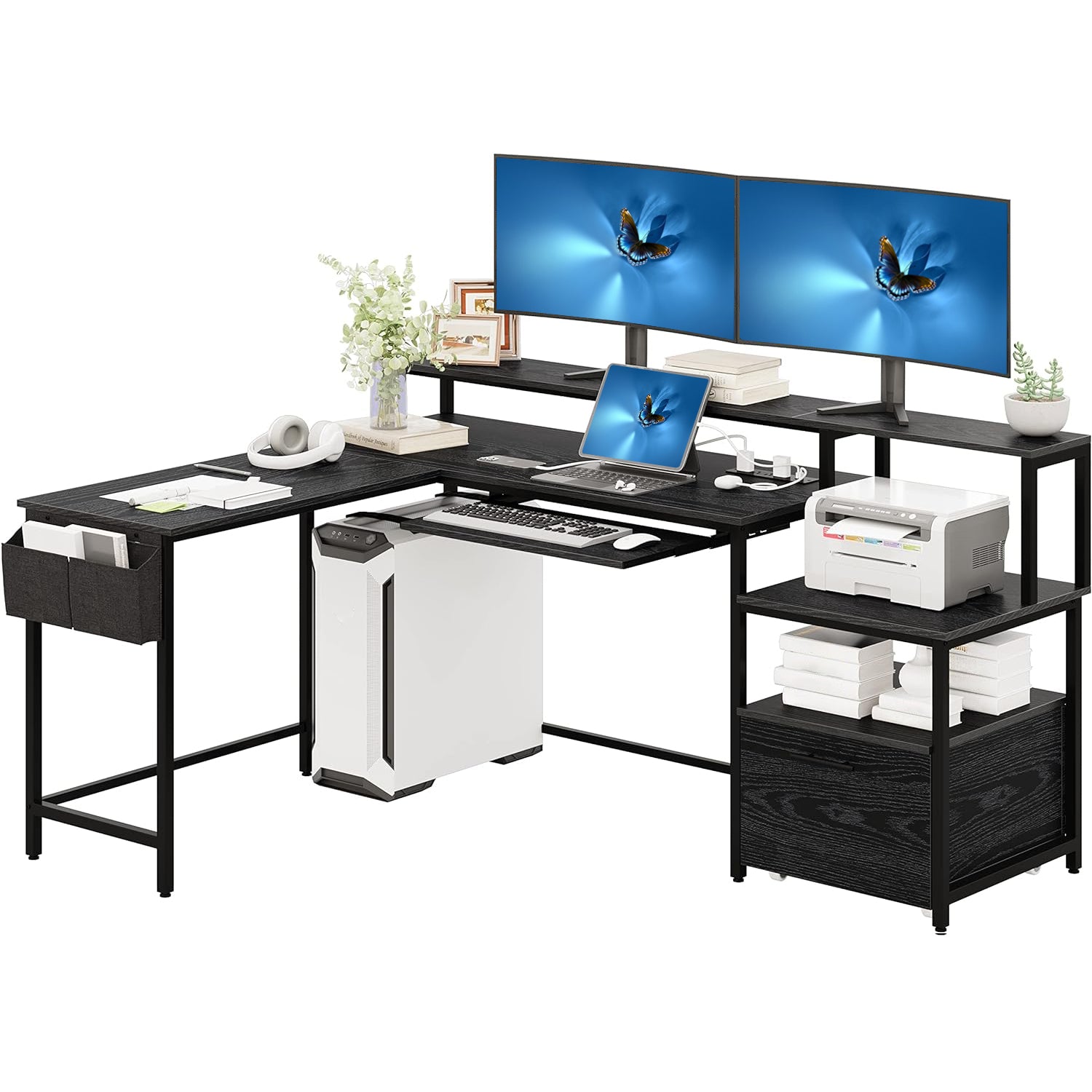 Corner Desk 66 inch Computer Desk L Shaped Study Writing Table with Power Outlet, Keyboard Tray, Drawer, Monitor Shelf