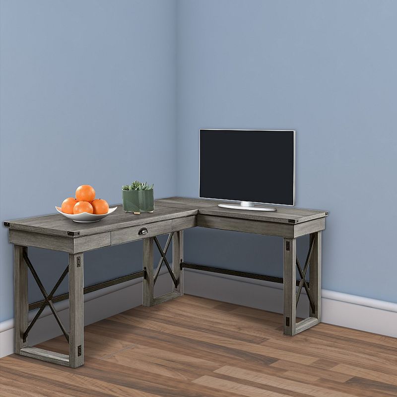 L Shaped Writing Desk with Lift Top and Sled Base， Oak Gray