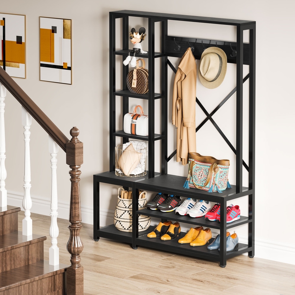 Entryway Hall Tree Coat Rack with Shoe Bench and Side Storage Shelves