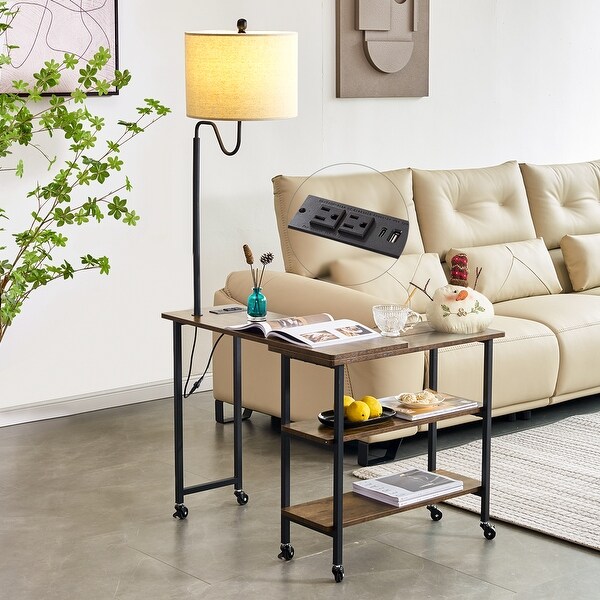 L-shaped Computer Desk with Wheels， Floor Lamp， Shelves，Side Table