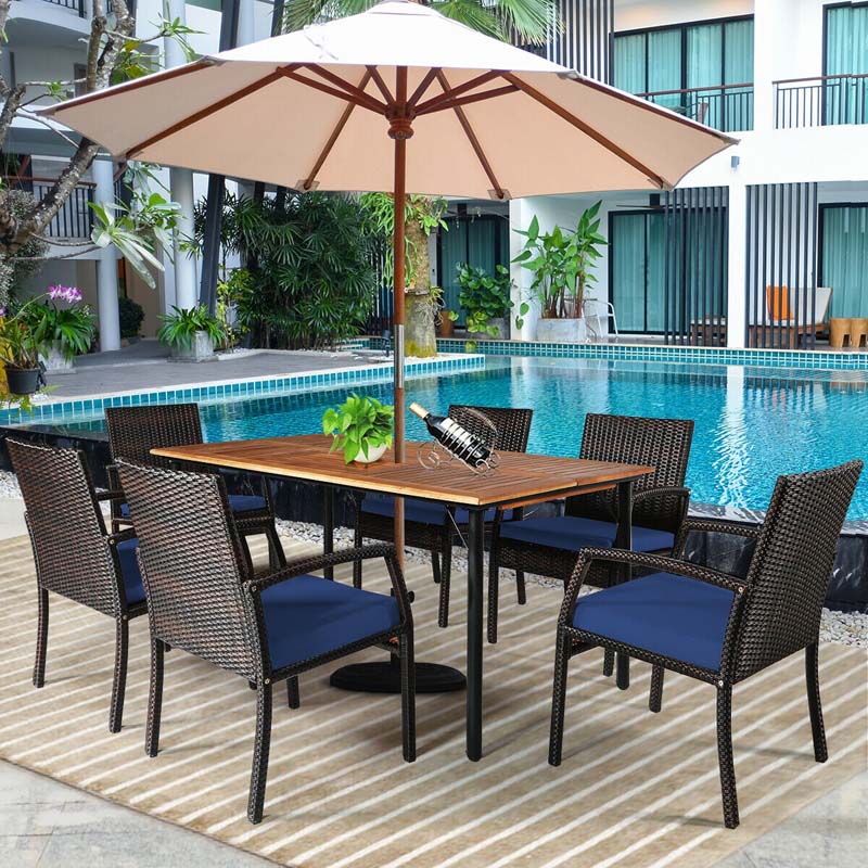 7 Pcs Rattan Patio Dining Set with Umbrella Hole, Acacia Wood Tabletop, Cushioned Chairs