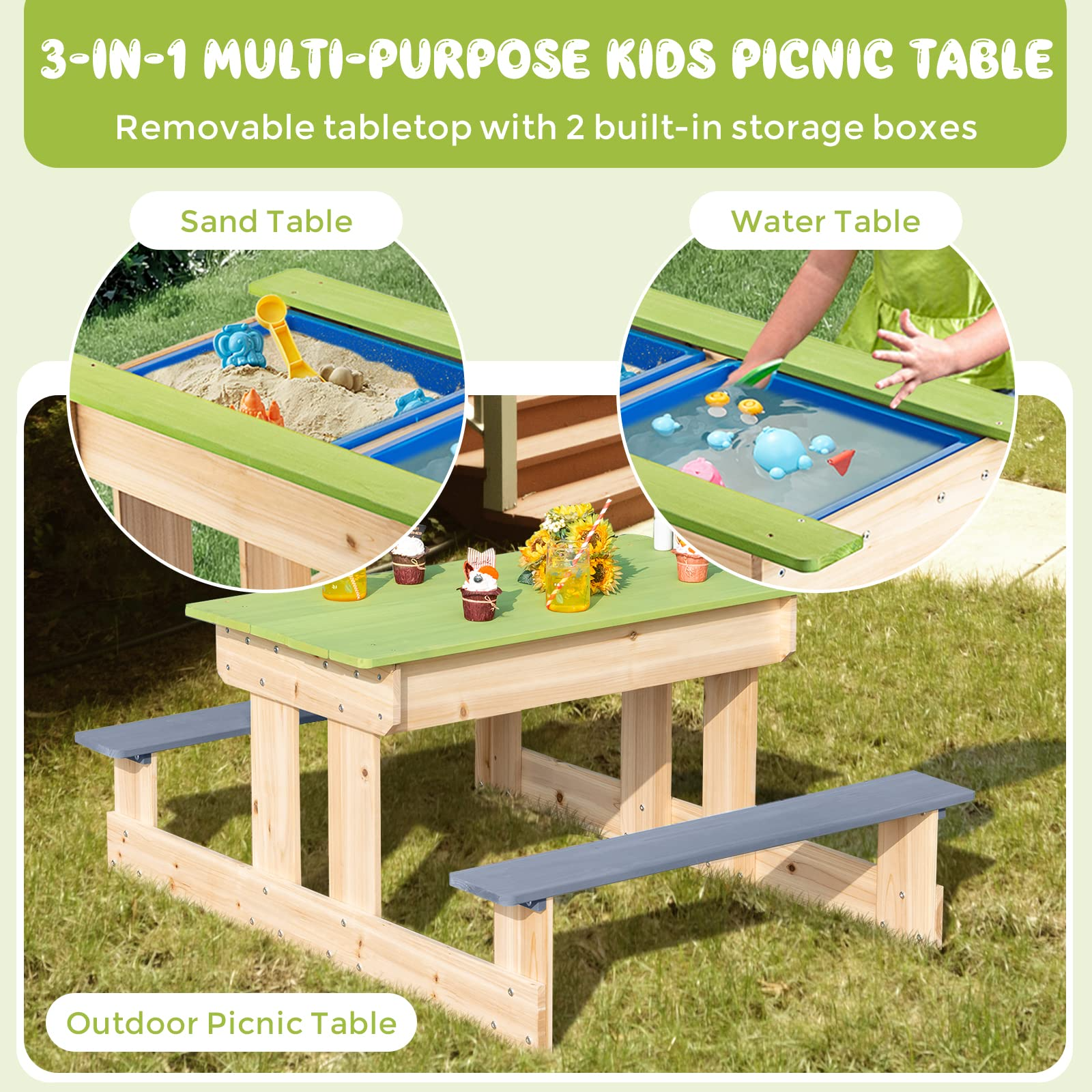 Costzon Kids Picnic Table, 3 in 1 Multipurpose Sand & Water Table w/Removable Top & 2 Storage Boxes