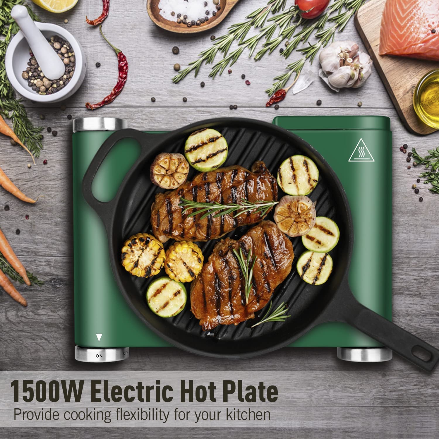 Cusimax Hot Plate Electric Burner， Single Burner Cast Iron hot plates， Portable Burner， Control Stainless Steel Non-Slip， Upgraded Version (Green)