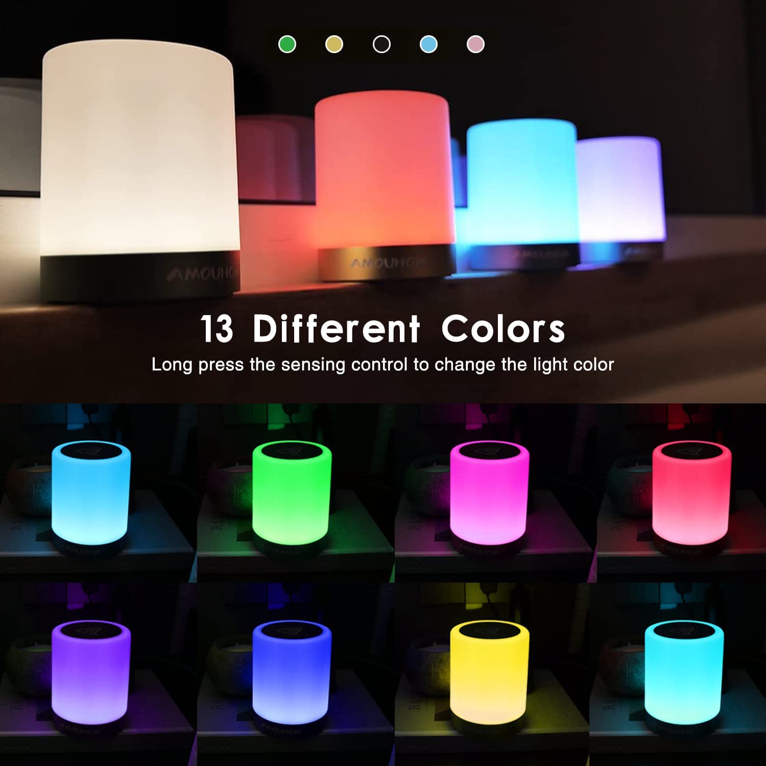 Amouhom Touch Control Lamp, Table Bedside Night Light, Portable LED Light with Dimmable Warm White Light & 6 Different and 16 Gradient Colores Changing(Black)