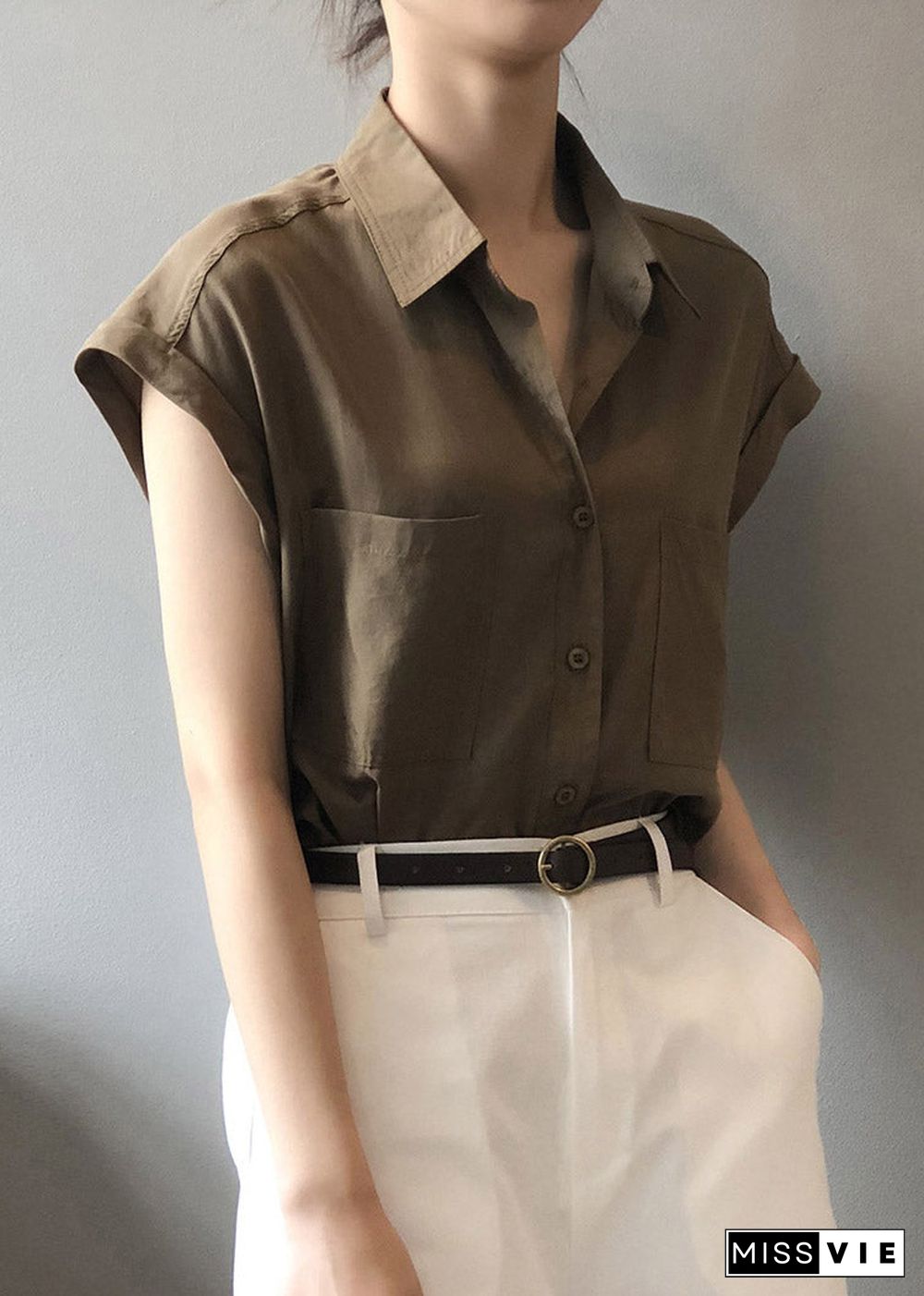 Coffee Button Solid Loose Shirts Short Sleeve