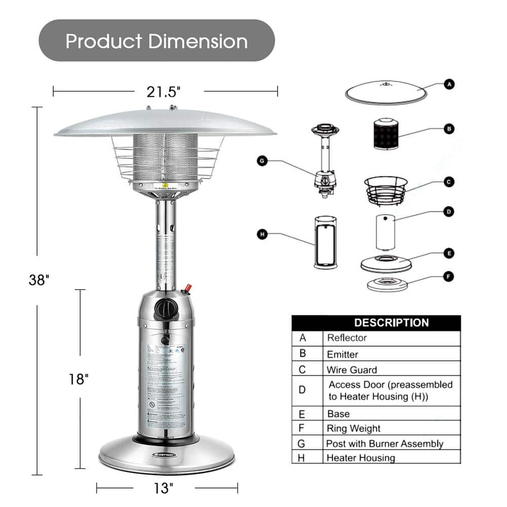 Costway 11000 BTU Commercial/Residential Portable Tabletop Silver Natural Gas Patio Heater NP10037