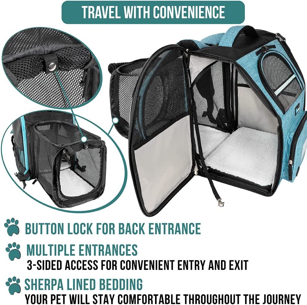 Dog Cat Backpack Carrier, Expandable Pet Carrier Backpack for Travel Hiking, Small Medium Dog Puppy Large Cat Carrying Backpack, Airline Approved Ventilated Soft Back Support, 18 lbs, Teal Blue