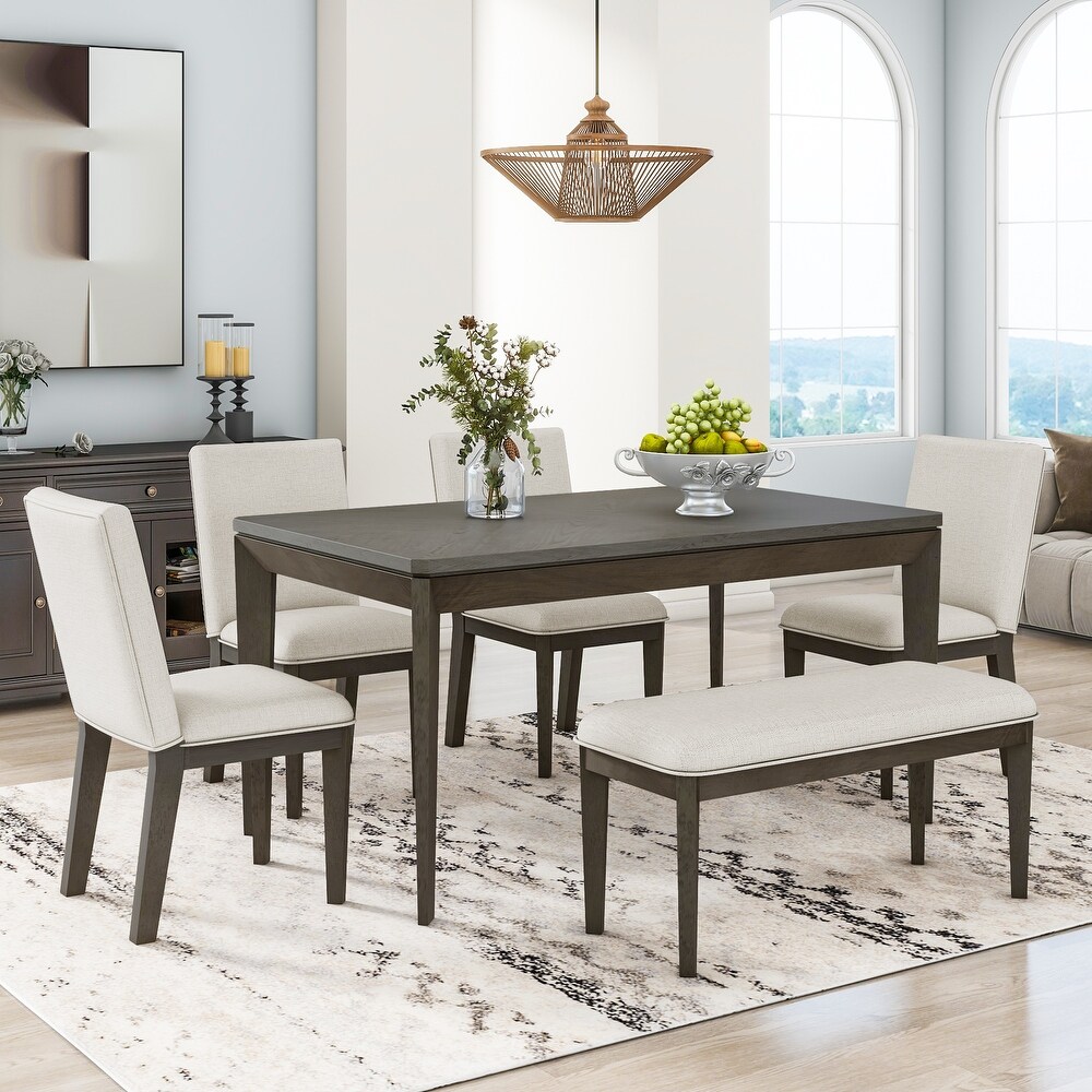 6 Piece Dining Wood Table Set with 4 Upholstered Dining Chairs and Bench  60\