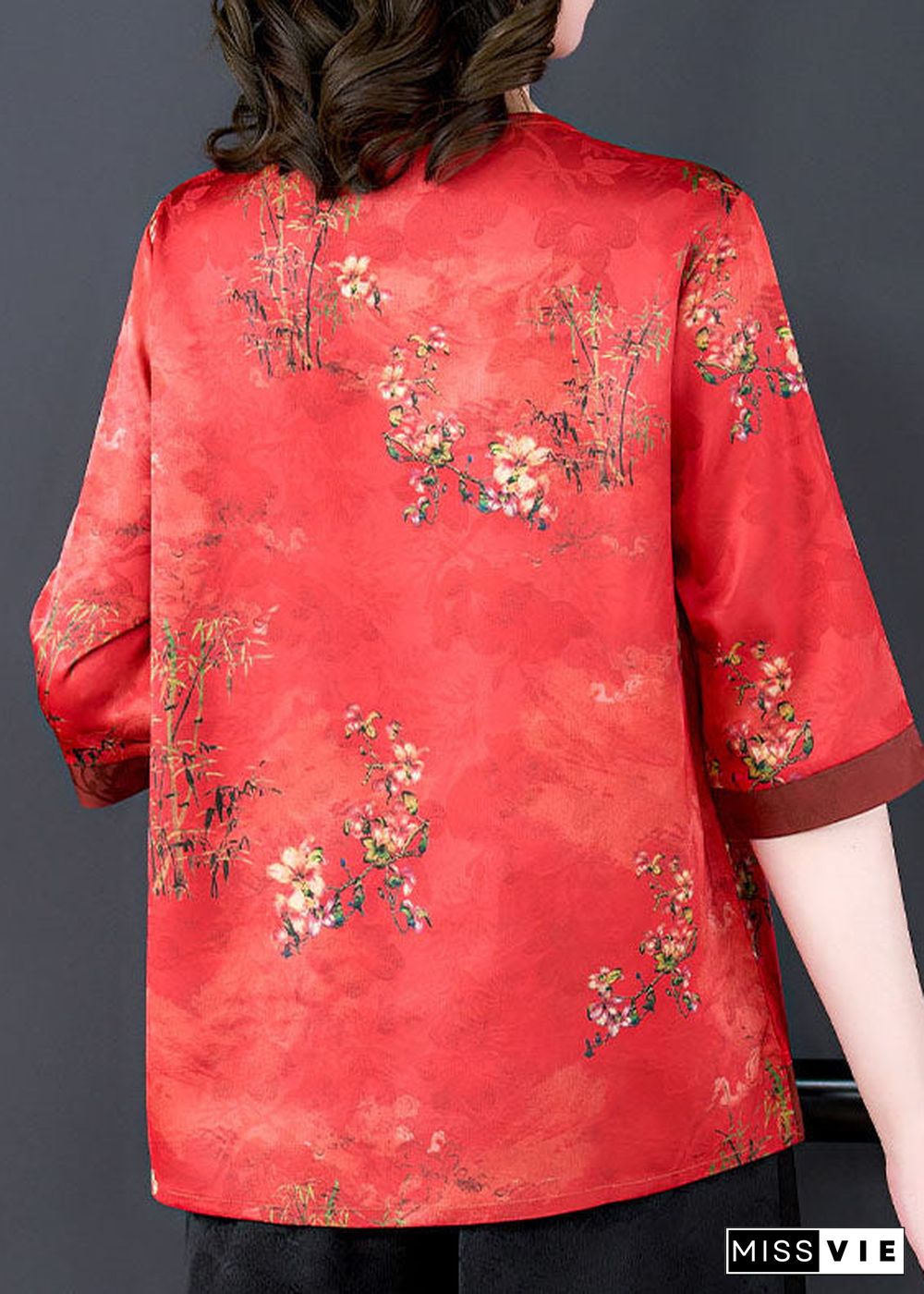 French Red O Neck Print Patchwork Silk Shirt Tops Summer