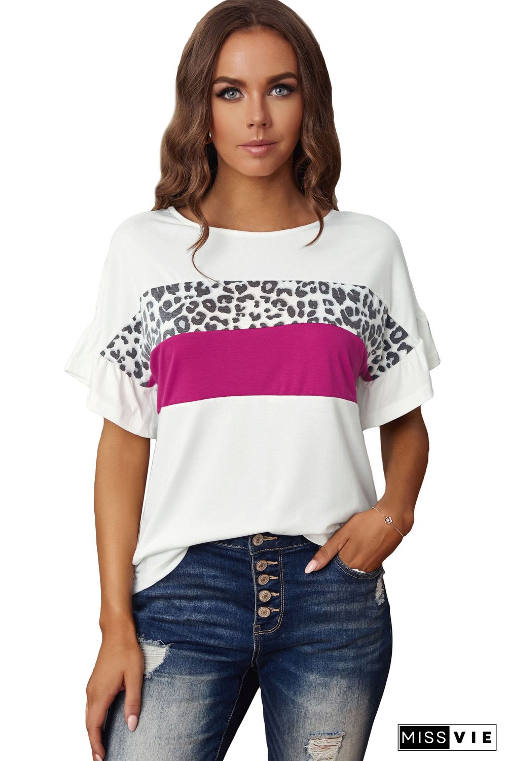 White Leopard Color Block Short Sleeve Tee