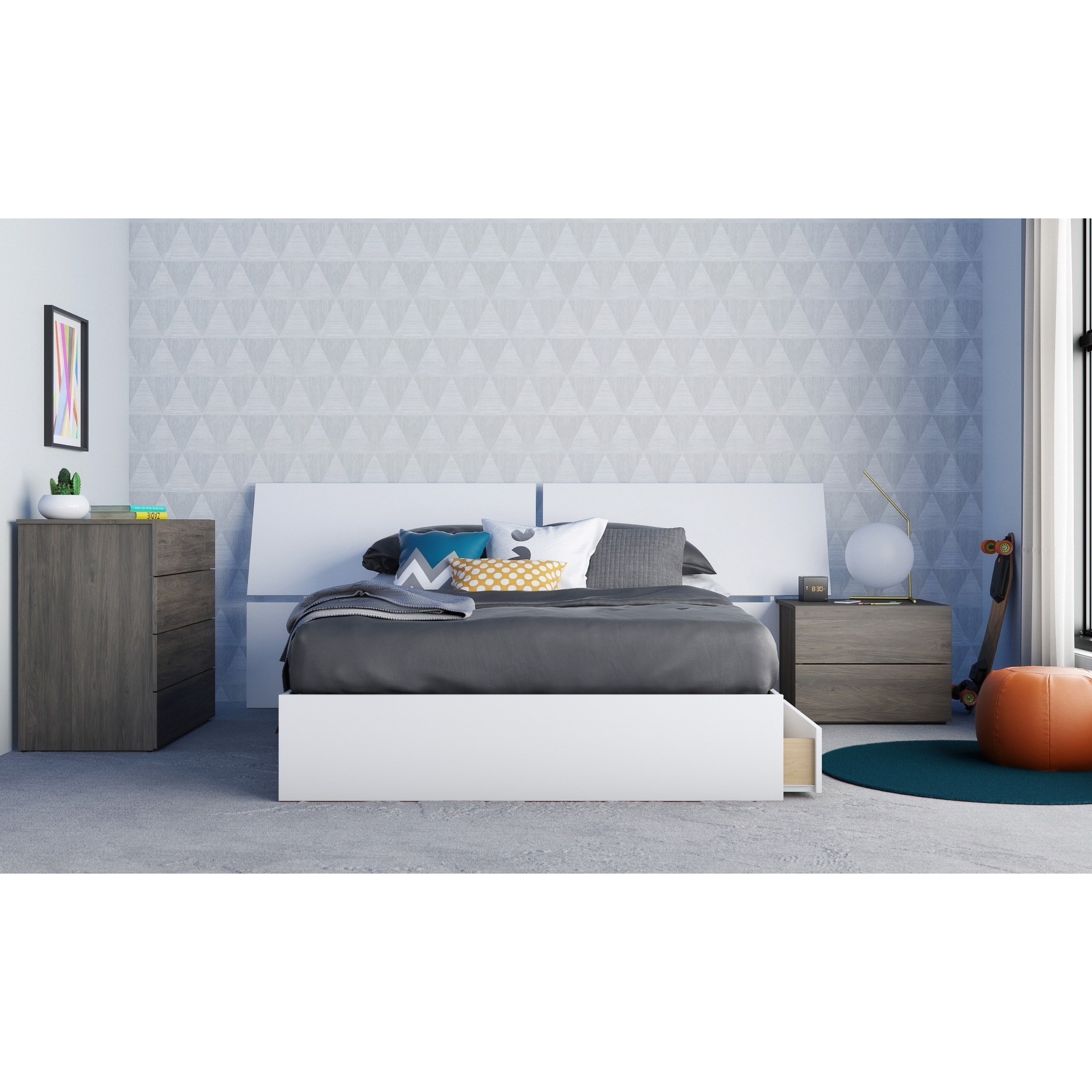 Nexera Origin 4 Piece Bedroom Set， Bark Grey and White - - 30269571