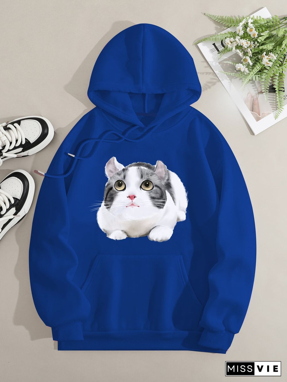 Printed on front Kangaroo Pocket Hoodie Long Sleeve for Women Pattern  Gray and White Cat