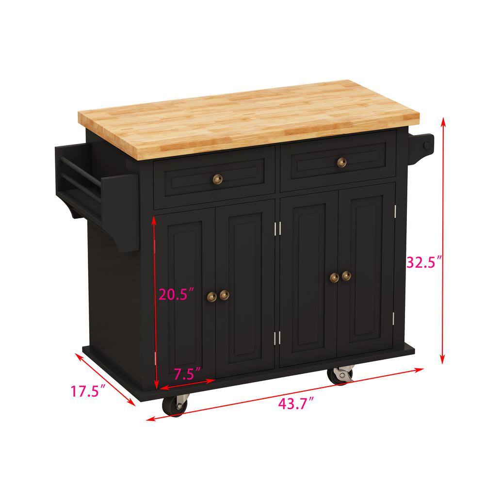 Black MDF Wood 43.31 in. W Kitchen Island Cart with 2-Storage Cabinets and 2-Locking Wheels cartjinx2