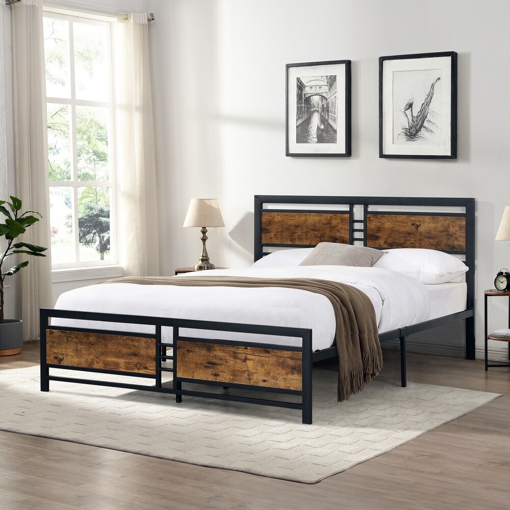 Metal Platform Bed Frame with Wood Headboard and Footboard