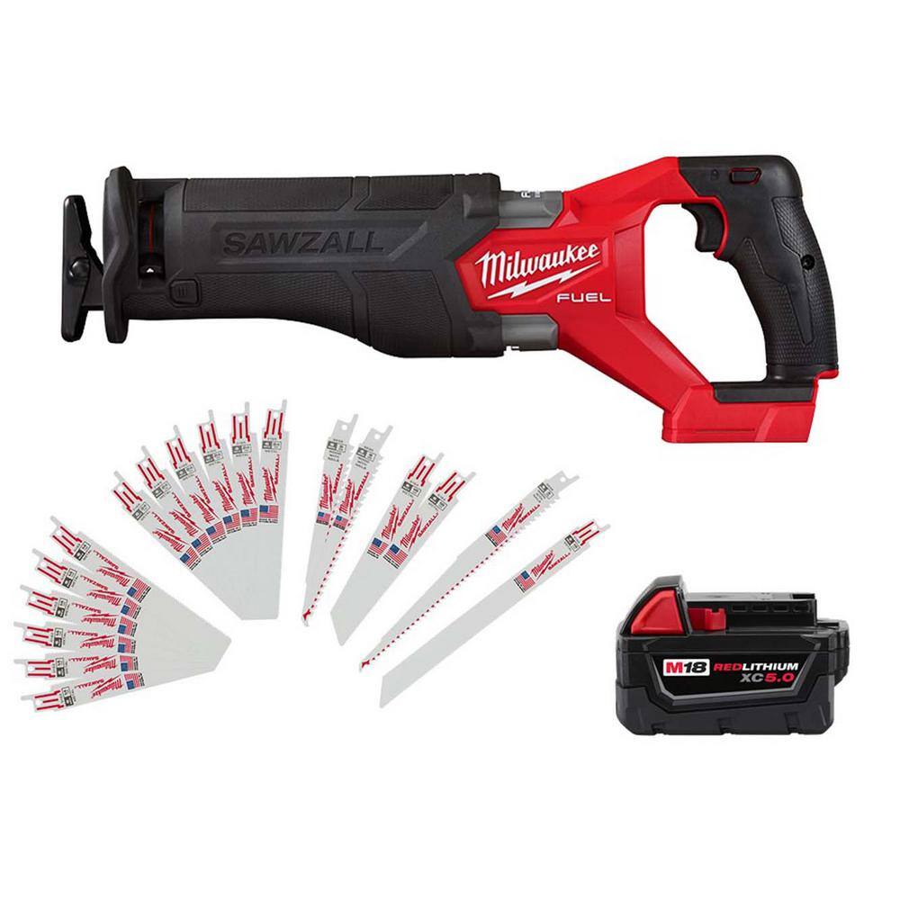 MW M18 FUEL GEN-2 18V Lithium-Ion Brushless Cordless SAWZALL Reciprocating Saw with 5.0Ah Battery  Sawzall Blade Set 2821-20-48-11-1850-49-22-1110F