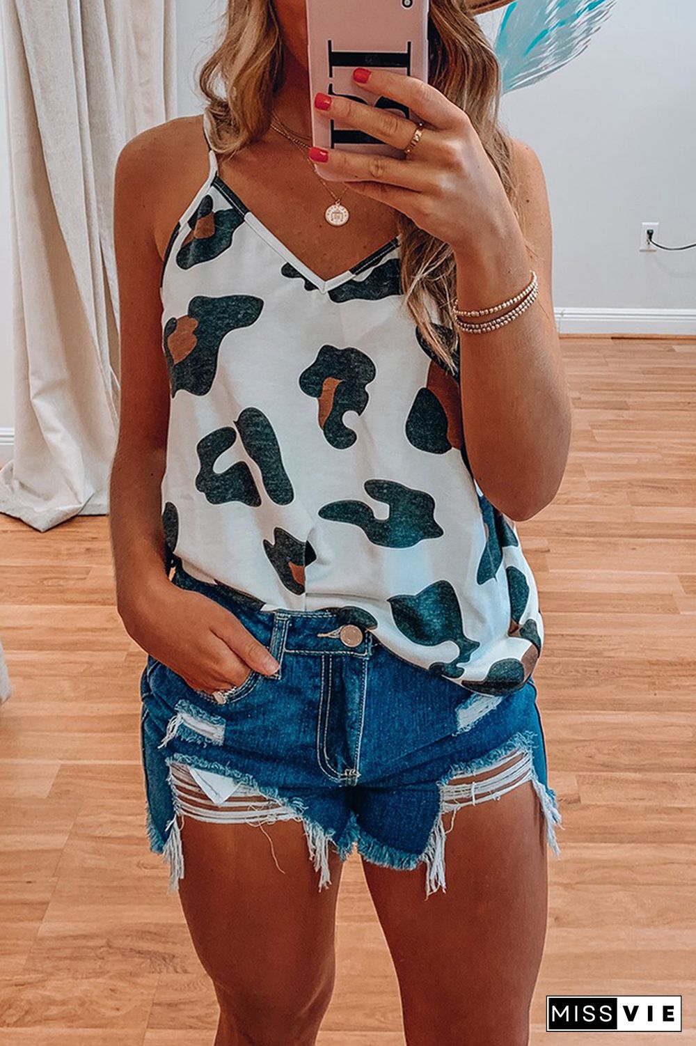 White Printed V-Neck Vest Tank Top